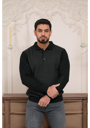 Woolen World Polo Yaka Armürlü Yünlü Erkek Triko Kazak Siyah