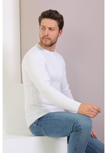 Ferraro Beyaz Bisiklet Yaka Fitilli Erkek Kazak Beyaz