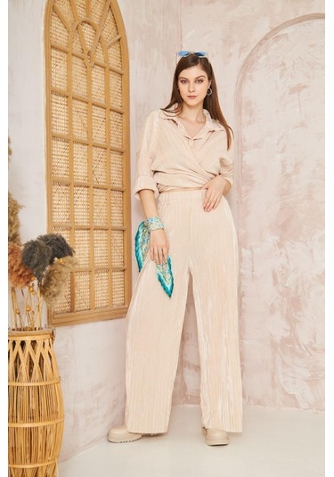 Kadın Pliseli Beli Lastikli Pantolon Tunik Gömlek Ikili Bürümcük Salaş Takım 3573300 Bej