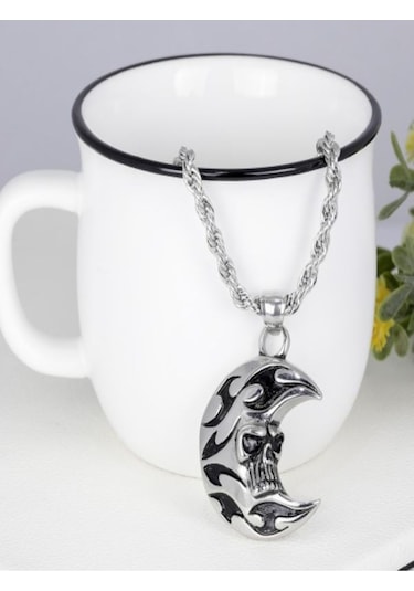 Erkek Kuru Kafalı Hilal Çelik Kolye Metalik