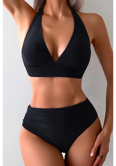 Angelsin Yandan Büzgülü Bikini Takım Çıkartılabilir Kaplı Siyah