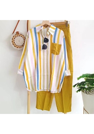 M-5xl Kadın Giyim İlkbahar Yaz Uzun Kollu Üst + Pantolon Yeni Çizgili Tek Sıra Yaka Gömlek + Geniş Paça Pantolon 2 Adet Yeşil