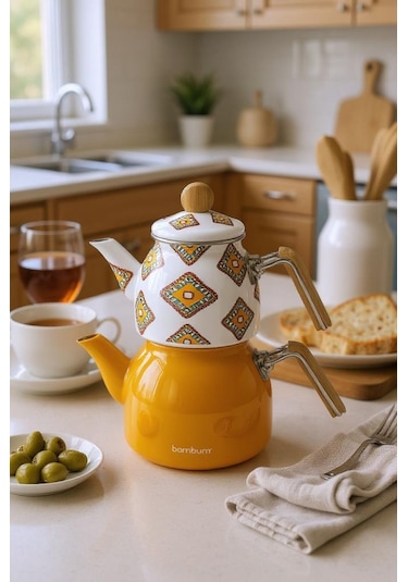 Bambum Unique - Bambu Kulplu Emaye Çaydanlık Takımı Hardal