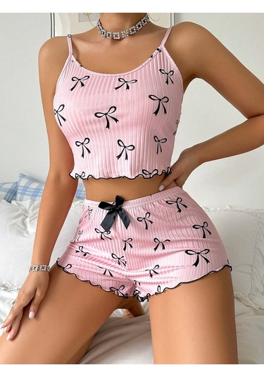 Kadın Siyah Fiyonklu Şortlu Takım Mini Pembe Rahat Çok Renkli