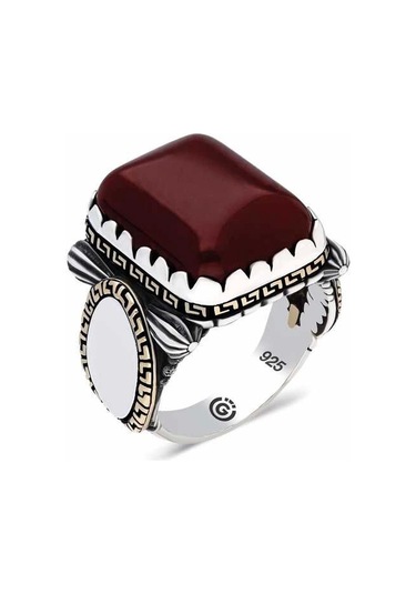 Gümüş Zirkon Bordo Akik Taşlı Kare Erkek Yüzük Çok Renkli