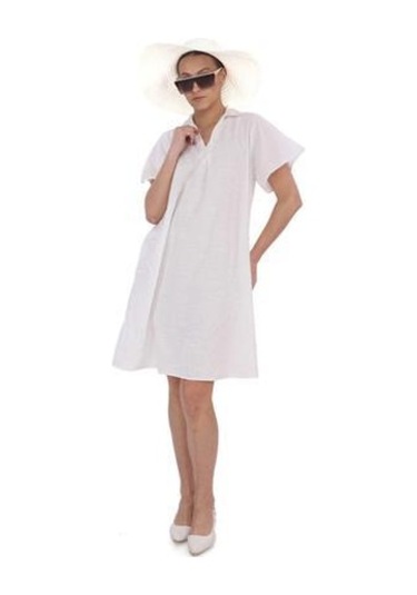 Yarım Kol V Yaka Keten Elbise-9164 Beyaz
