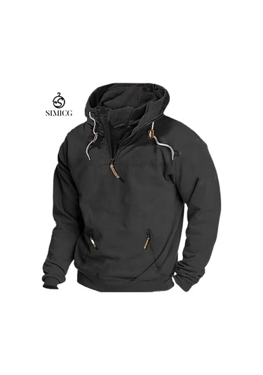 Sonbahar Ve Kış İçin Erkek Düz Renk Kapüşonlu Günlük Sweatshirt Siyah