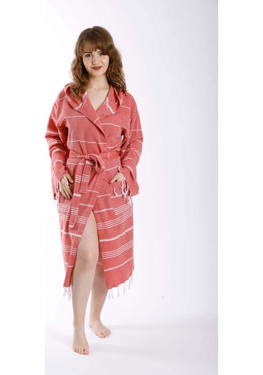 Kapüşonlu Kadın / Erkek Peştemal Bornoz Soft %100 Pamuklu Natural Kiremit