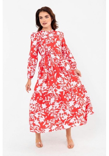 Yaprak Desenli Renkli Pamuklu Yazlık Baharlık Kuşaklı Elbise 2101 Kırmızı