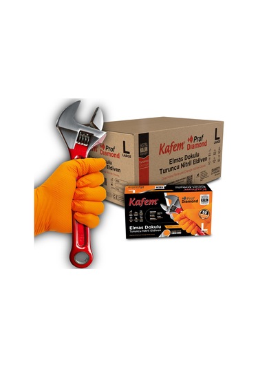Kafem Prof Dia Ekstra Kalın Turuncu Nitril Eldiven Elmas Dokulu L 50 Adet X 20 Paket - Koli