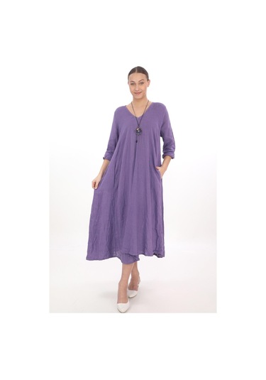 İtalyan V Yaka Uzun Kol Keten Elbise-8907 Mor