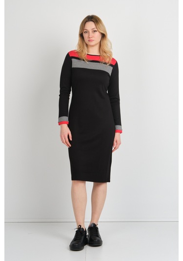 Sistas Kadın Kazayağı Desenli Bisiklet Yaka Uzun Kol Elbise 22974 Siyah Siyah