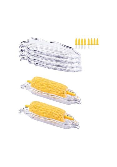 Lemestar 16 Adet Çelik Mısır Tutucu Ve 5 Adet Plastik Mısır Tabağı Seti - Barbekü Ve Servis İçin Pratik Mısır Desteği Şeffaf Ve Sarı