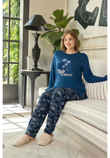 Aydoğan Kadın İnci Büyük Beden Style Gece Mavisi Pijama Takım 0647 Koyu Mavi