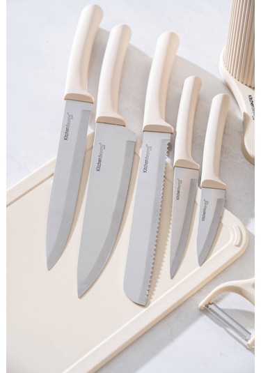 Acar Cooper 8 Parça Standlı Kesme Tahtası Ve Bıçak Seti Krem