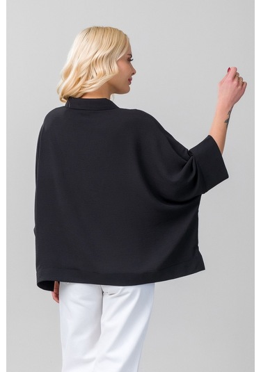 Kadın Gömlek Yakalı Yaka İndigo Mavi Kol Ucu Manşetli İnce Kot Kumaş Bluz Siyah