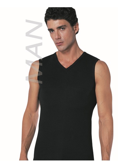 Erkek Siyah Atlet Ribana Sıfır Kol V Yaka % 100 Pamuklu Body 3 Lü Paket 116-3s Siyah