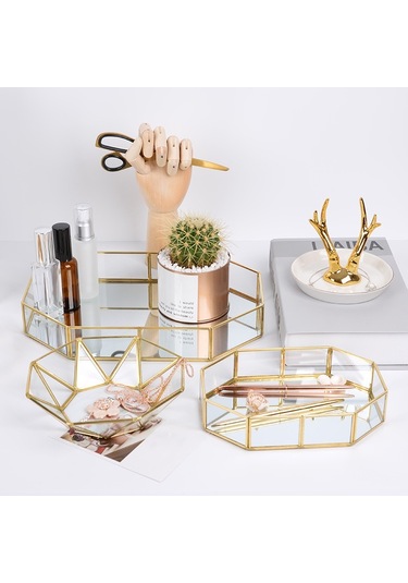 Sones Cam Depolama Tepsisi Altın Retro Poligon Aynalı Tepsi Pirinç Masaüstü Kozmetik Depolama Tepsisi Güzellik Fırçası Kovası