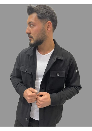Erkek Cep Detaylı Kışlık Siyah Kaşe Gömlek Siyah