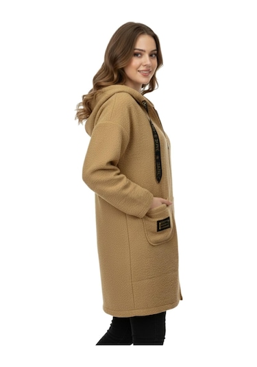 Caftan Kadın Anne Kapüşonlu Cepli Buklet Hırka Bgl-st05084 Camel