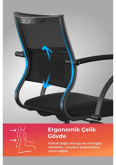 Ergolife Sit Air Ofis Koltuğu Tekerlekli, Yükseklik Ayarlı, Fileli, Siyah, Bilgisayar Sandalyesi -572.60.1.152 Diğer