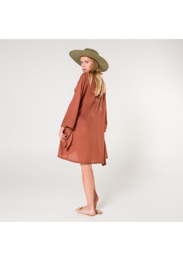 Mona Kadın Kruvaze Pul Baskılı Plaj Elbisesi Tarçın Turuncu