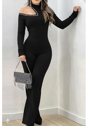 S-pazarım Kadın Tek Omuzdan Açık Balıkçı Yaka Taş Detaylı Uzun Ithal Krep Tulum Siyah