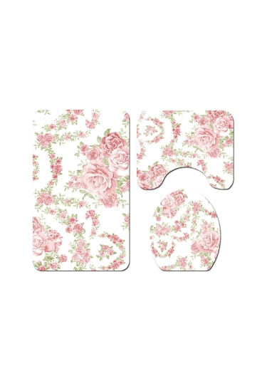 Dianziye Klasik Çiçek Desenli Flanel Banyo Seti - Kaymaz Altlı Tuvalet Battaniyesi, Kapak Kılıfı Ve Banyo Matı - Yumuşak Ve Pratik Diğer