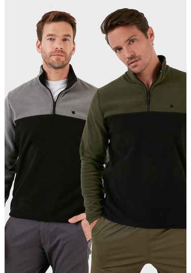 Buratti Regular Fit Anti-Pilling Tüylenme Yapmayan Dik Yaka Şardonlu 2'Li Paket Erkek Polar 5906016S2 Gri Siyah-Haki