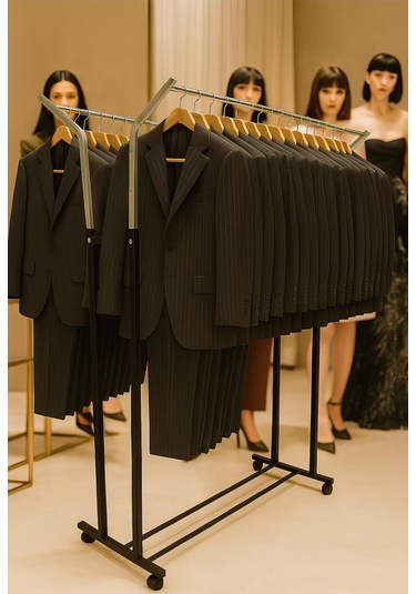 V Ayarlı 105 Cm En Çelik Konfeksiyon Elbise Askılık Tekerli Demonteportmanto Raf Home Hanger Siyah