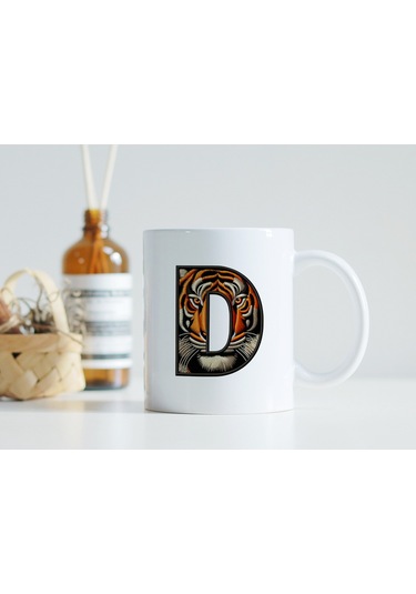 D Harfi Kaplan Figürlü Nakış Desenli Kupa Bardak - Kişiye Özel Vahşi Hayvan Desenli Kupa - Hediye Beyaz