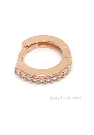 8 Mm Taşlı Halka Gümüş Küpe Tek - Rose Bakır Beyaz