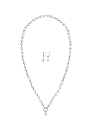 Zirkon Taşlı Halka Kilitli Doğal Damla İnci Küpe Kolye İkili Set Beyaz Gümüş