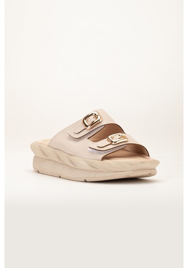 Kadın Dolgu Taban Terlik Bej 2 Bantlı Suni Deri-3847 Bej