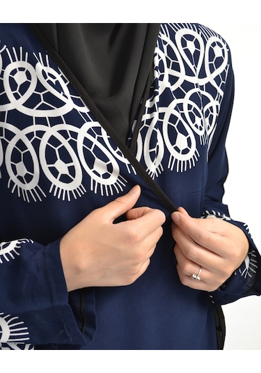 Halkalı Desenli Kruvaze Namaz Elbisesi Yandan Bağlamalı, Rahat Kesim 36 46 Beden Lacivert