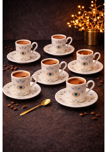 6 Kişilik 12 Parça Porselen Nazar Göz Kahve Fincan Takımı Seti 90ml Beyaz