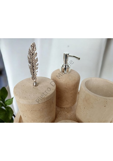 Sarı Traverten Klasik Model 5 Parça Gümüş Renk Kuş Tüyü Aksesuarlı Banyo Seti Sarı Traverten