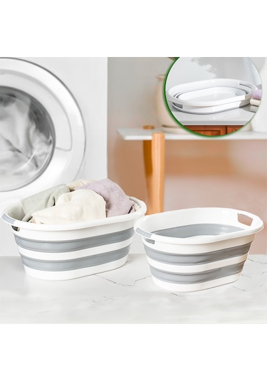 Porsima La-550 2 Li Katlanabilir Silikon Çamaşır Sepeti 40-26 Lt Beyaz - Gri