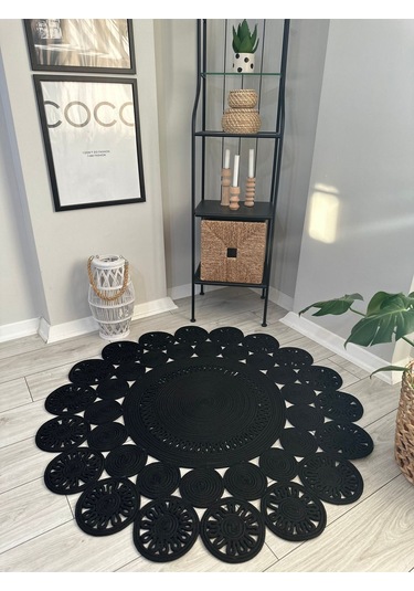 Natura El Dokuma Jüt Bohem Tarz Otantik Salon Oturma Odası Koridor Natural Halı Pamuklu Halı Siyah