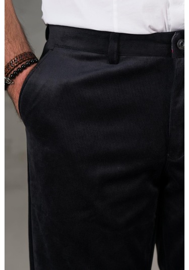 İnce Fitilli Regular Kesim Boru Paça Erkek Kadife Pantolon siyah Siyah
