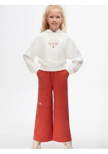Kız Çocuk Pamuklu Bel Lastikli Cep Detaylı Bol Paça Eşofman Altı-14727 Kiremit
