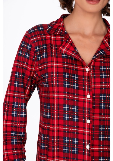 Kadın Süet Önden Düğmeli Pijama Takımı Ekose Kırmızı - Lacivert Kırmızı - Lacivert