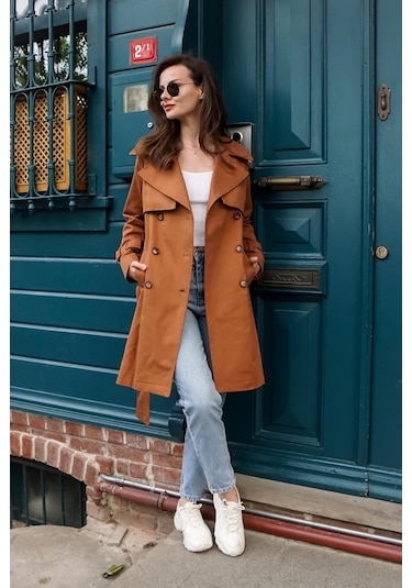 Pastelastore %100 Pamuk Gabardin Midi 95cm Astarlı Kemerli Kadın Trençkot 1113 Taba