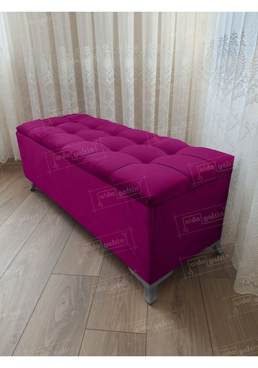 Çizgi Kapitoneli Sandıklı Puf 110 Cm Gümüş Ayak Mor