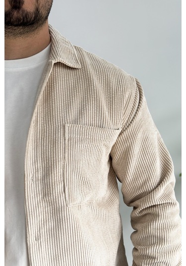 Erkek Kadife Kumaş Gömlek Krem Edw214 Krem