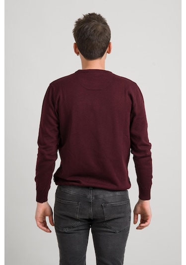 Sıfır Yaka Pamuklu Slimfit Basic Erkek Triko Kazak Bordo