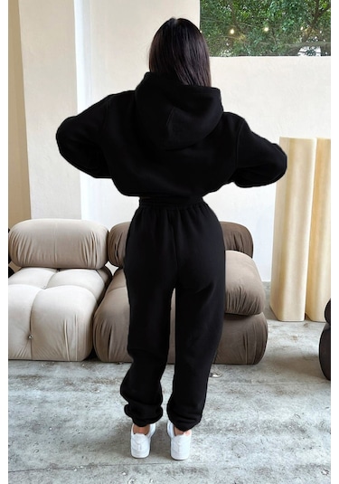 Siyah Fetch Eşofman Takımı - Baskılı Oversize Kapüşonlu Şardonlu Siyah