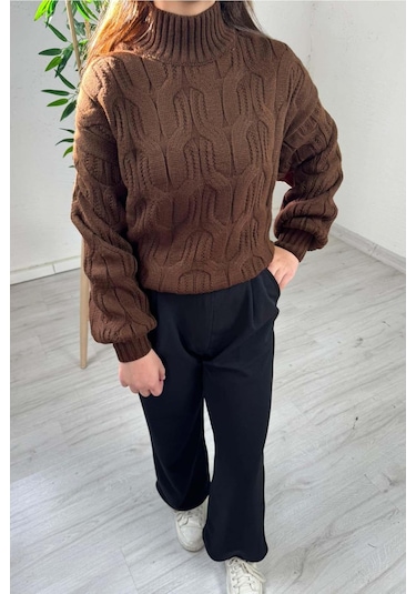 Explode - Kadın Kahve Yarım Boğazlı Örgülü Oversize Triko Kazak Kahverengi