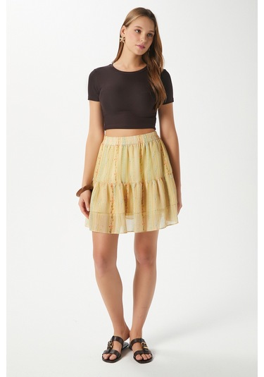Kadın Juliet Sarı Çiçek Desen Astarlı Volanlı Mini Şifon Dokuma Etek