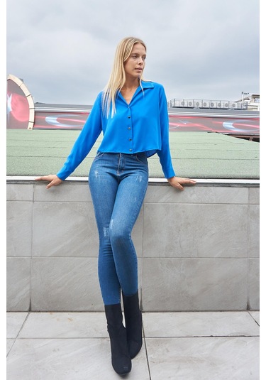 Kadın Likrasız Şık Kumaş Yakalı Uzun Kol Kısa Gömlek-Sax Sax